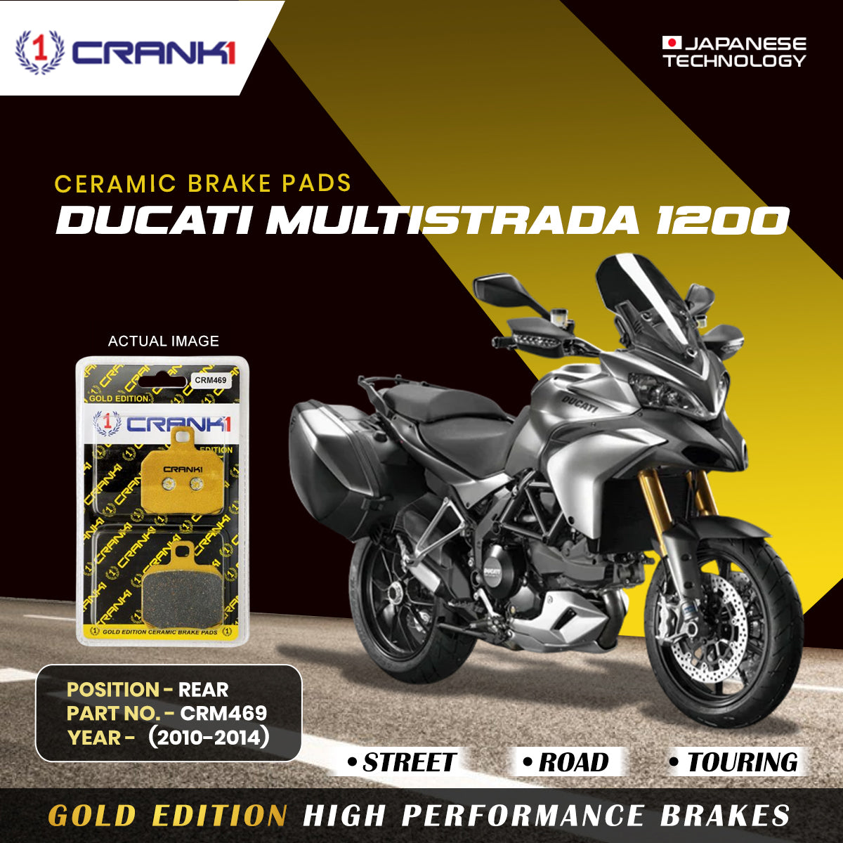 Ceramic Brake Pads For Ducati Multistrada 1200 (2010-2014) - Rear - CRM469 - 1 Set - CRANK1
