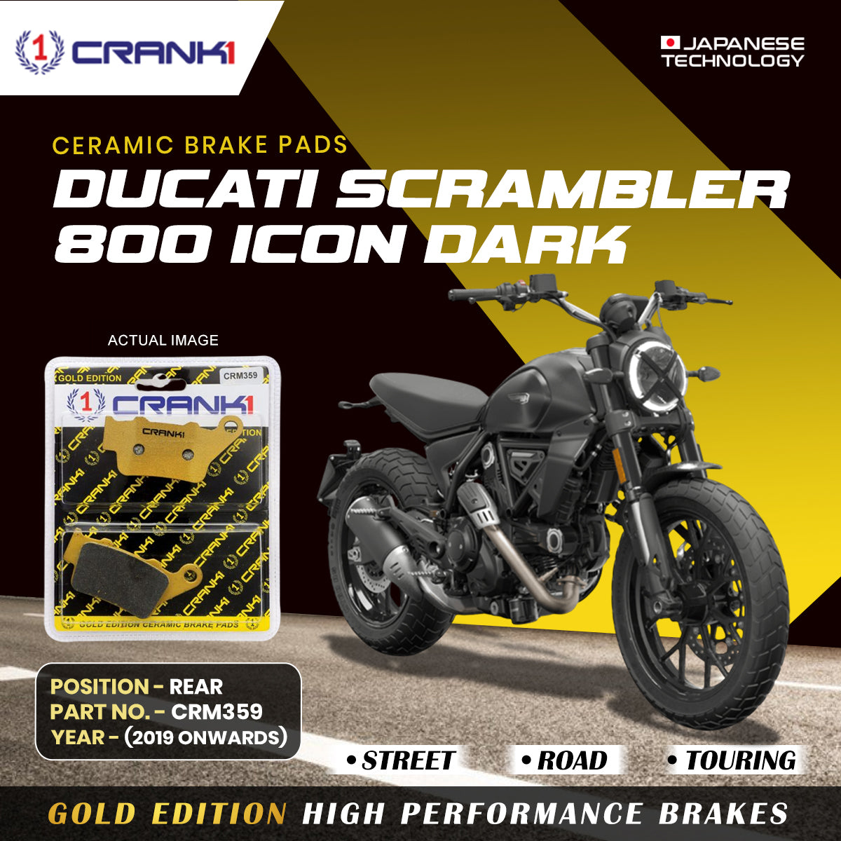 Ceramic Brake Pads For Ducati Scrambler 800 Icon Dark (2019 Onwards) - Rear - CRM359 - 1 Set - CRANK1