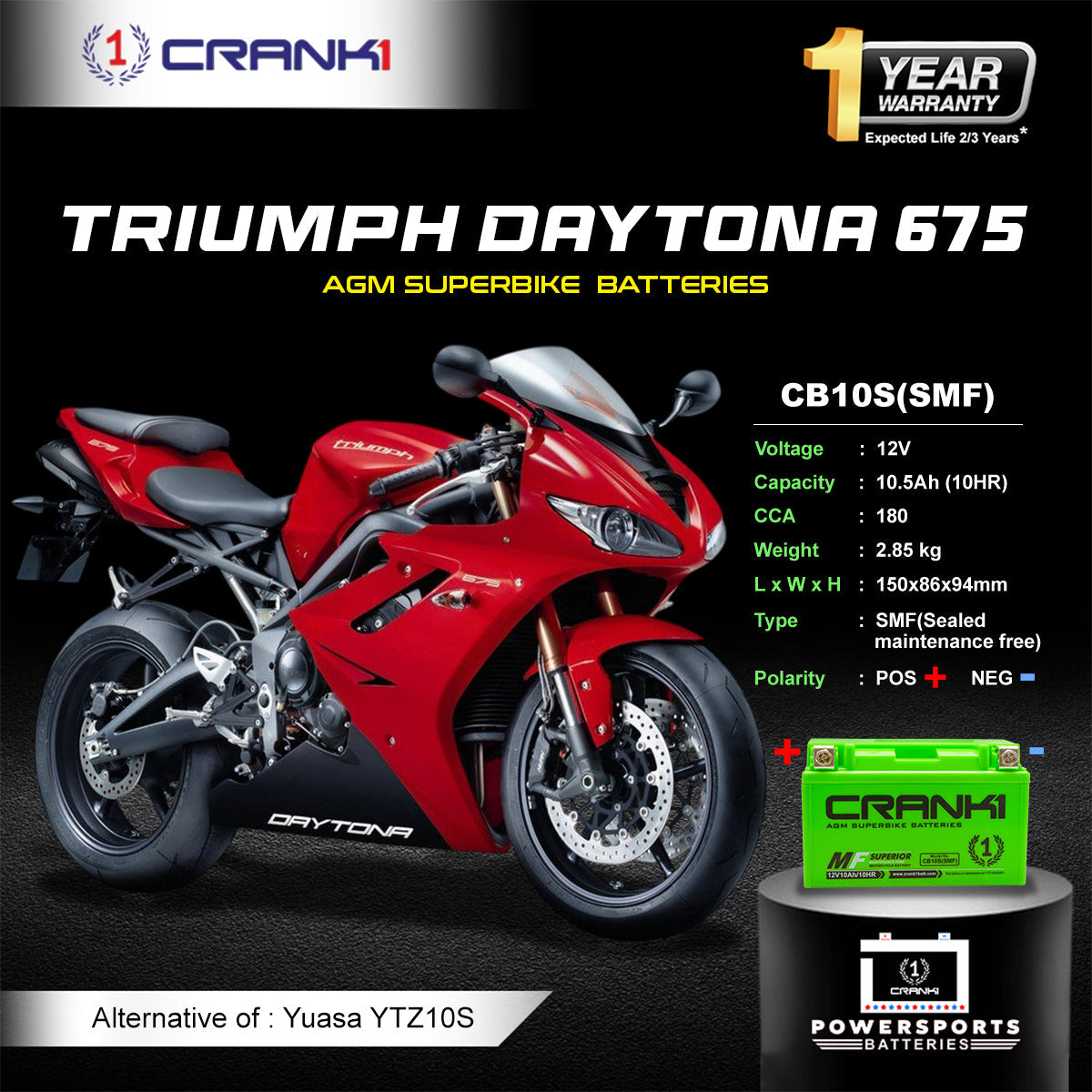 Battery For Triumph Daytona 675 (2010-2025) - CB10S - Factory Activated - CRANK1