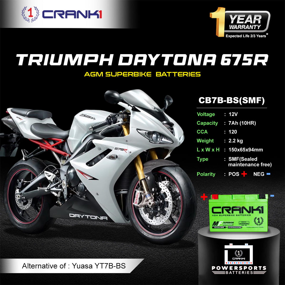 Battery For Triumph Daytona 675R (2006-2025) - CB7B-BS - Factory Activated - CRANK1