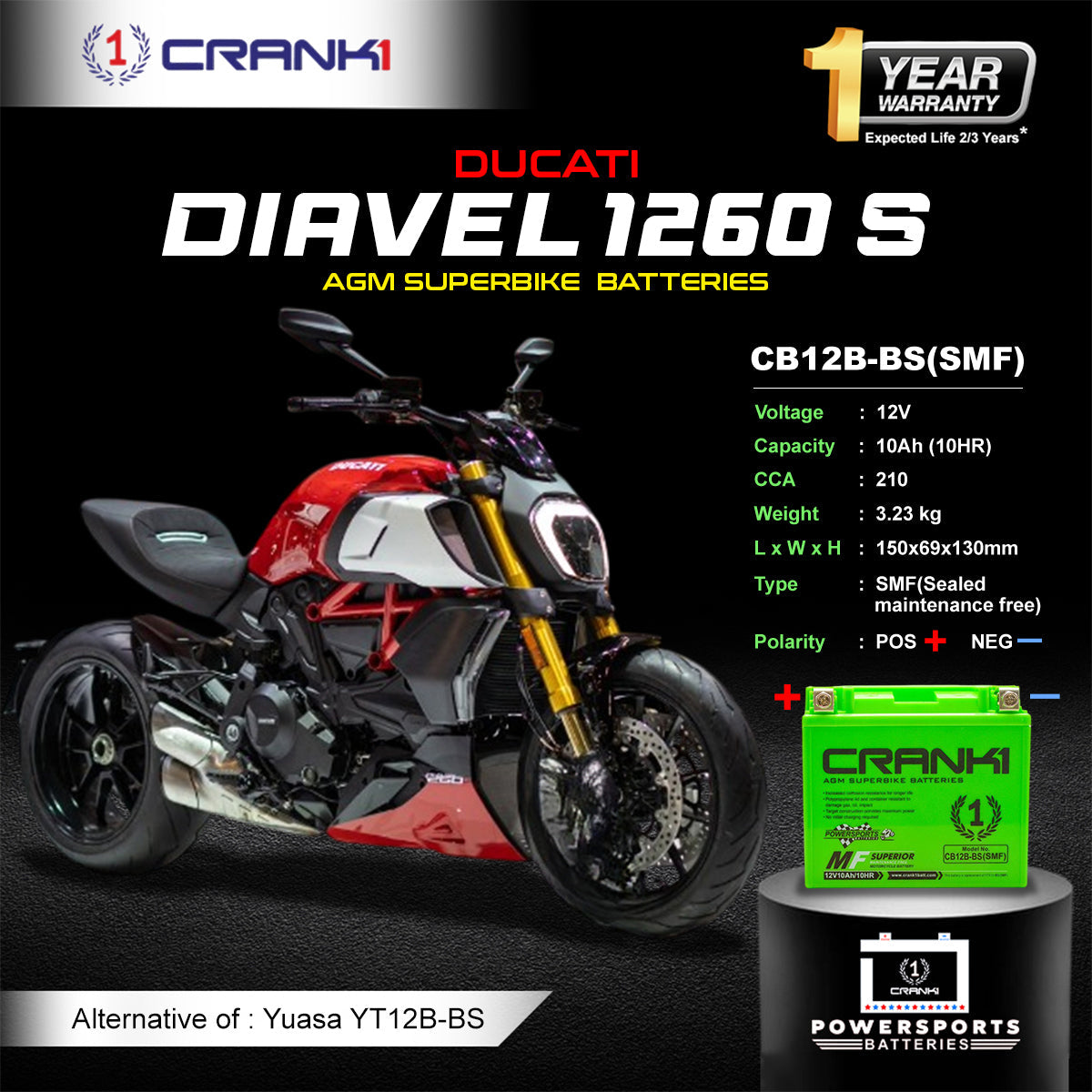 Battery For Ducati Diavel 1260 S (2016-2025) - CB12B-BS - Factory Activated - CRANK1