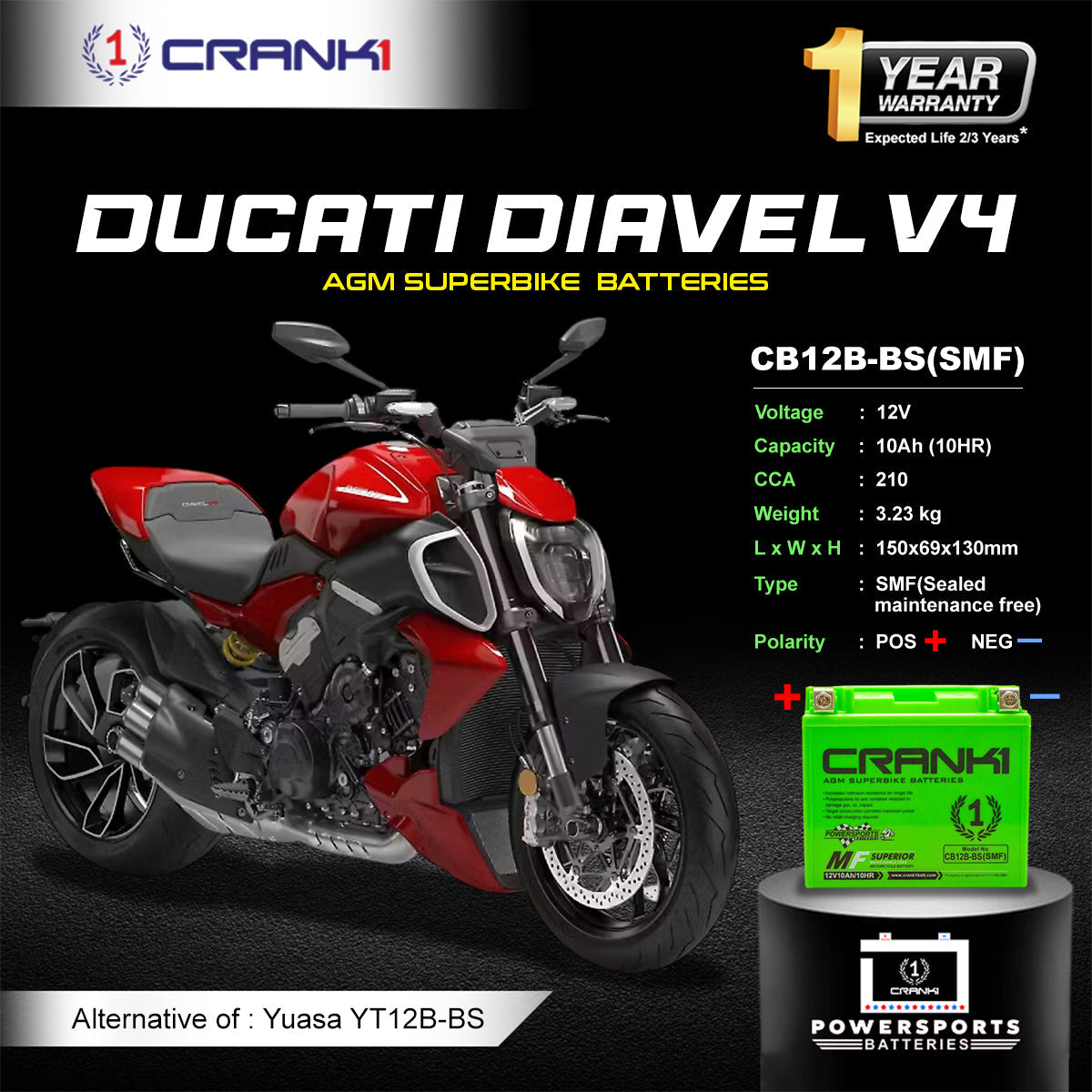 Battery For Ducati Diavel V4 (2011-2025) - CB12B-BS - Factory Activated - CRANK1