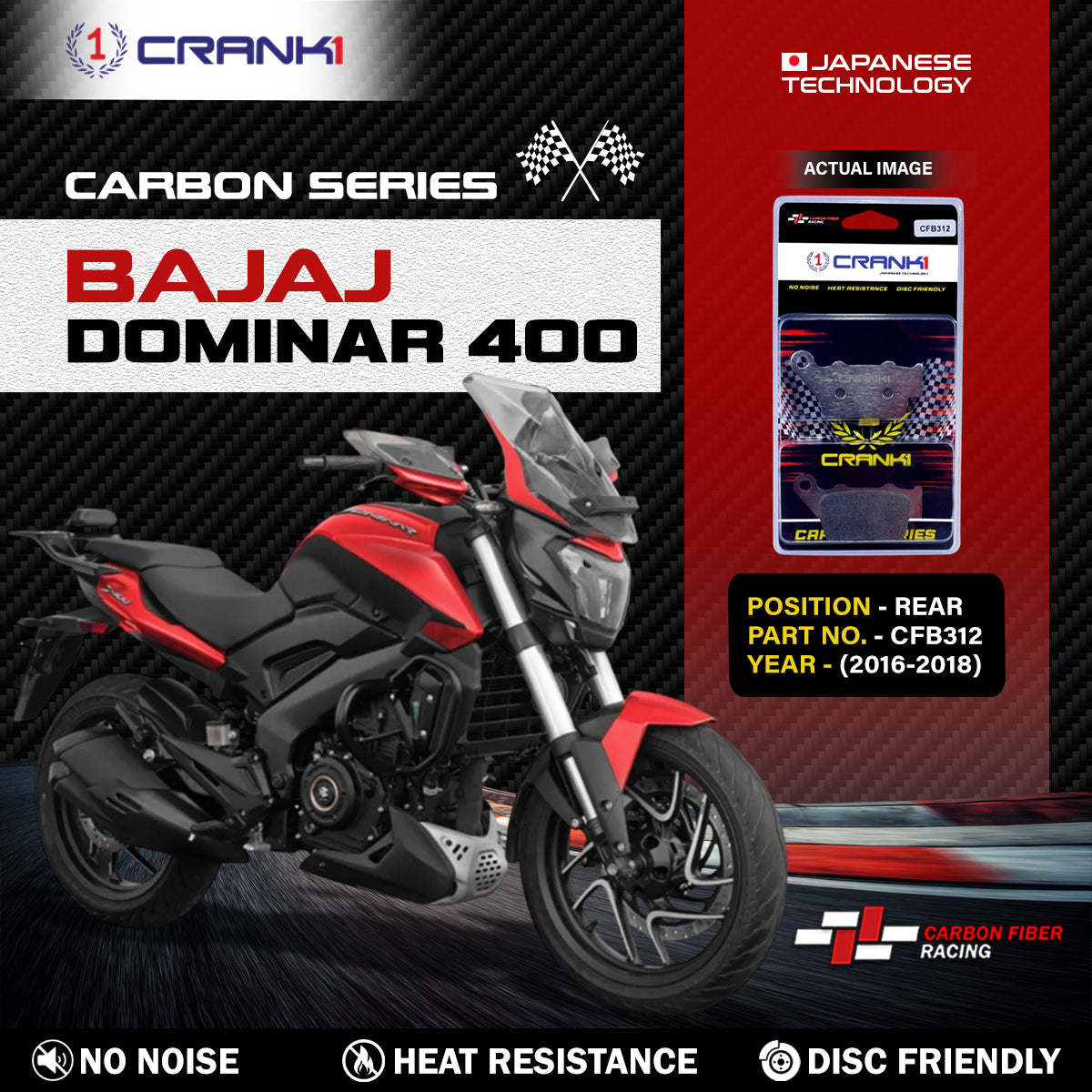 Carbon Brake Pads For Bajaj Dominar 400 (2016-2018) - Rear - CFB312 - 1 Set - CRANK1