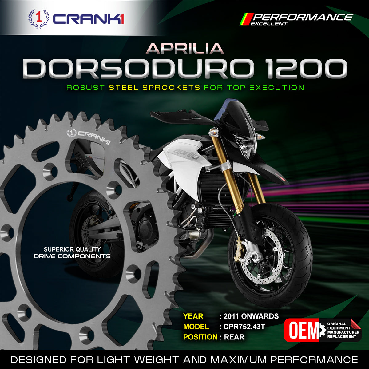 Sprocket For  Aprilia Dorsoduro 1200 (2011 Onwards) - Rear - CPR752.43T - CRANK1
