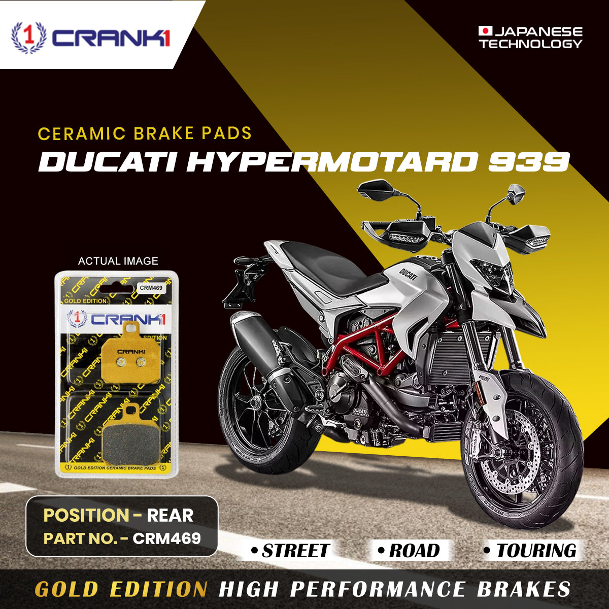 Ceramic Brake Pads For Ducati Hypermotard 939 - Rear - CRM469 - 1 Set - CRANK1