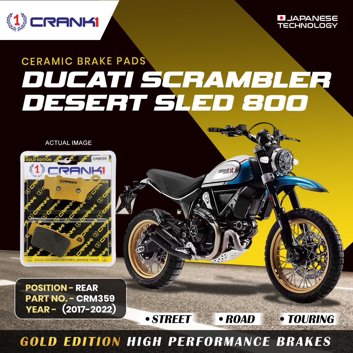 Ceramic Brake Pads For Ducati Scrambler Desert Sled 800 (2017-2022) - Rear - CRM359 - 1 Set - CRANK1