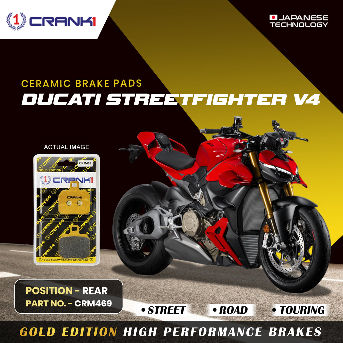 Ceramic Brake Pads For Ducati Streetfighter V4 - Rear - CRM469 - 1 Set - CRANK1