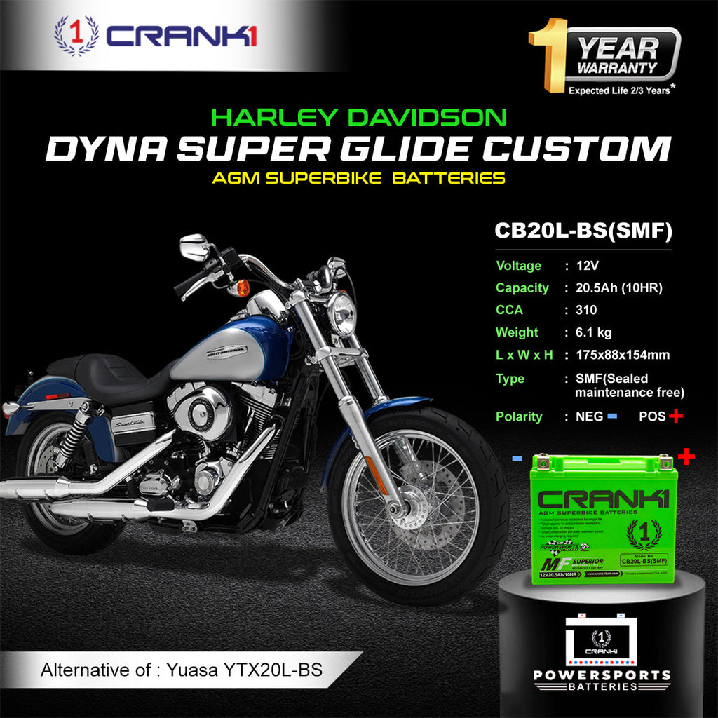 Battery For Harley Davidson Dyna Super Glide Custom - CB20L-BS - Factory Activated - CRANK1