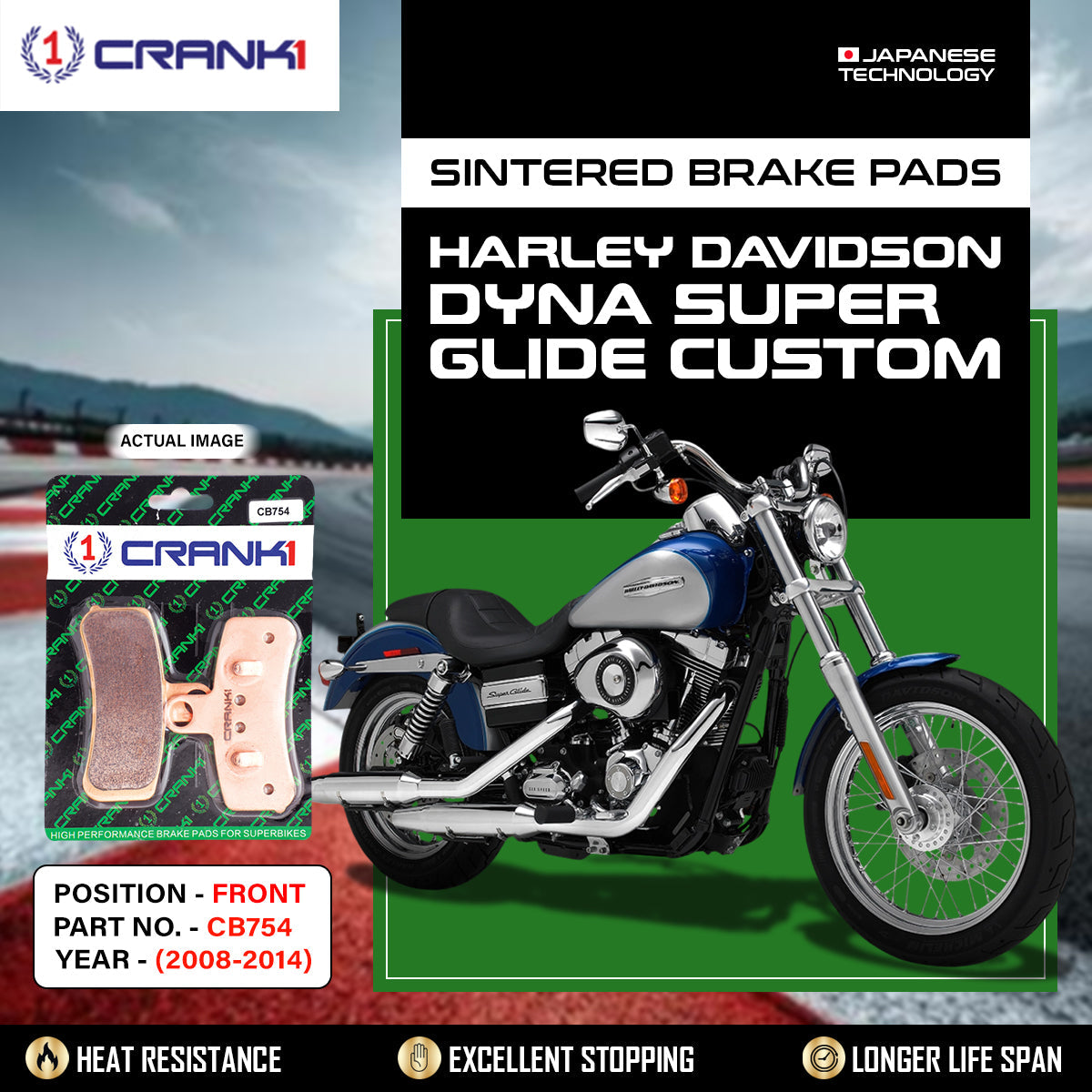 Sintered Brake Pads For Harley Davidson Dyna Super Glide Customs (2008-2014) - Front - CB754 - 1 Set - CRANK1