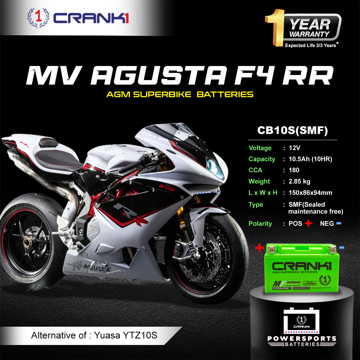 Battery For MV Agusta F4 RR (2000-2008) - CB10S - Factory Activated - CRANK1