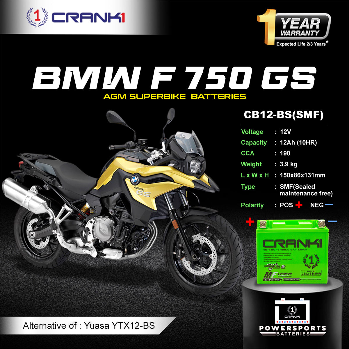 Battery For BMW F 750 GS (2015-2025) - CB12-BS - Factory Activated - CRANK1