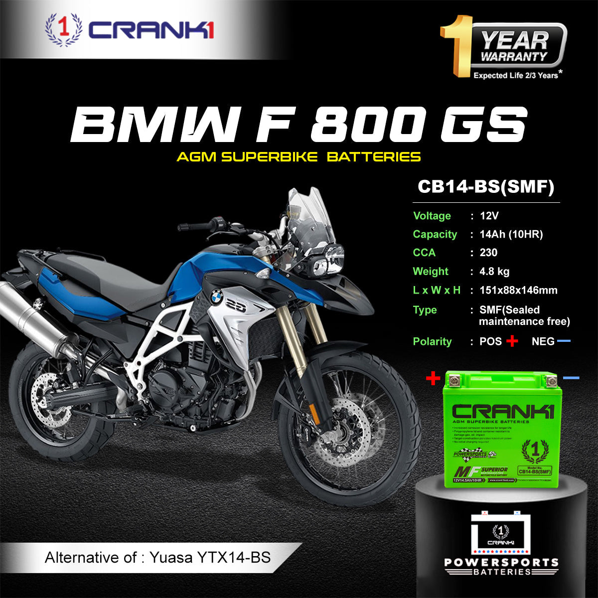 Battery For BMW F 800 GS (2007-2018) - CB14-BS - Factory Activated - CRANK1