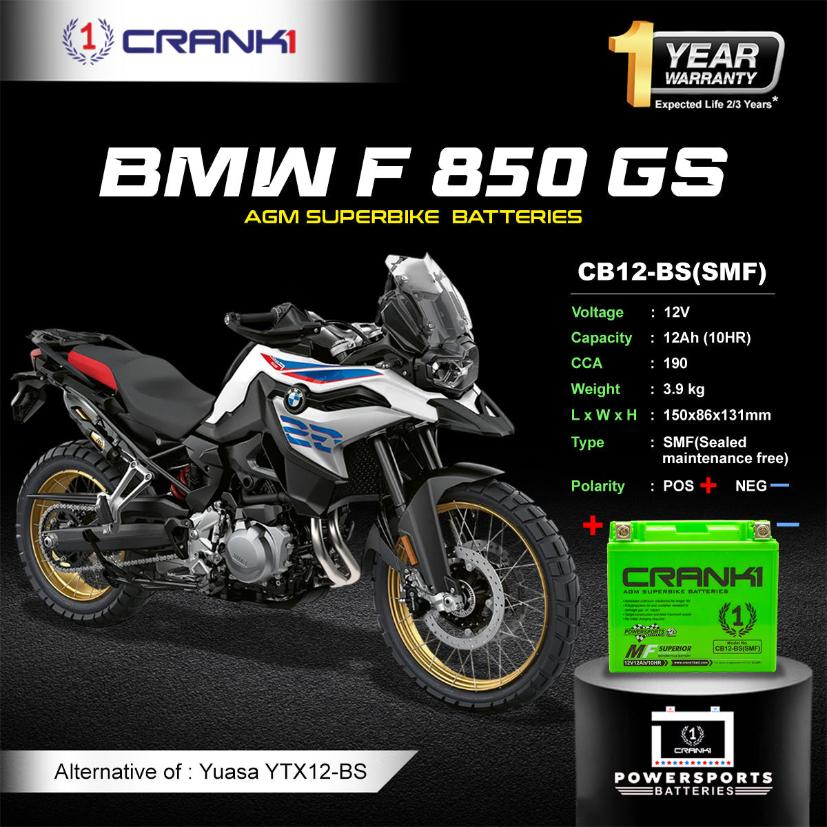 Battery For BMW F 850 GS (2016-2025) - CB12-BS - Factory Activated - CRANK1