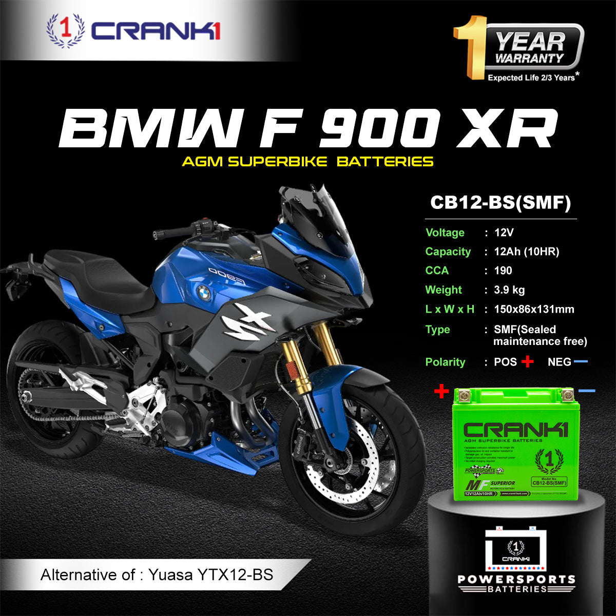 Battery For BMW F 900 XR (2020-2025) - CB12-BS - Factory Activated - CRANK1