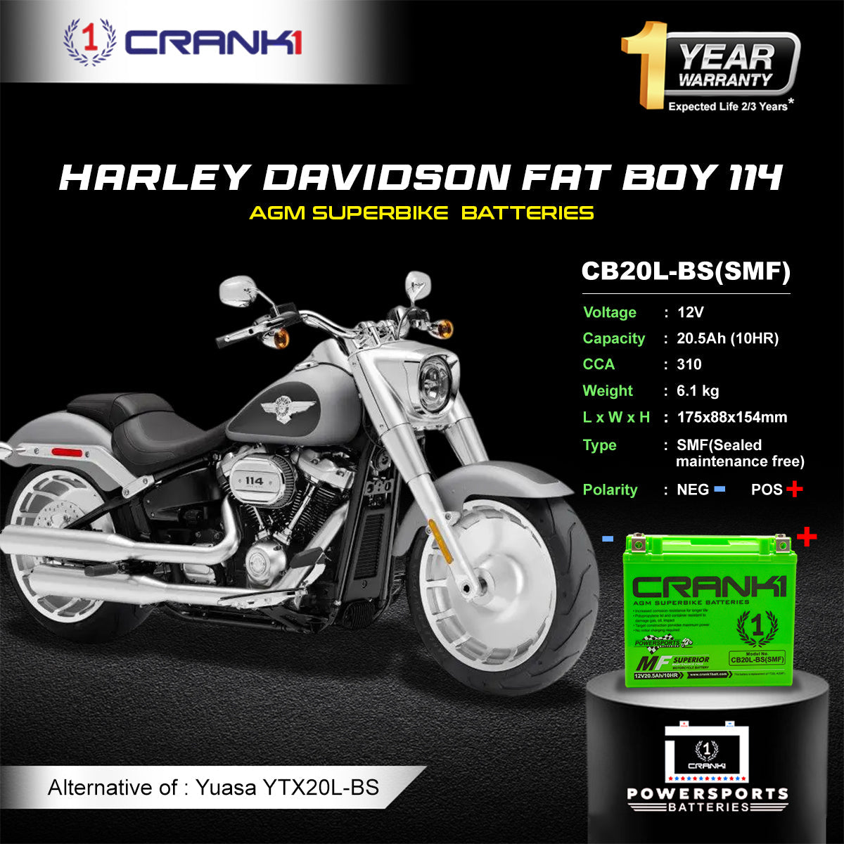 Battery For Harley Davidson Fat Boy 114 (2018 Onwards) - CB20L-BS - Factory Activated - CRANK1