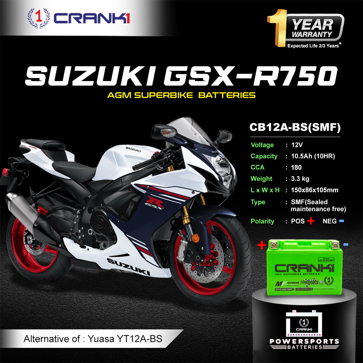 Battery For Suzuki GSX-R750 (2000-2023) - CB12A-BS - Factory Activated - CRANK1