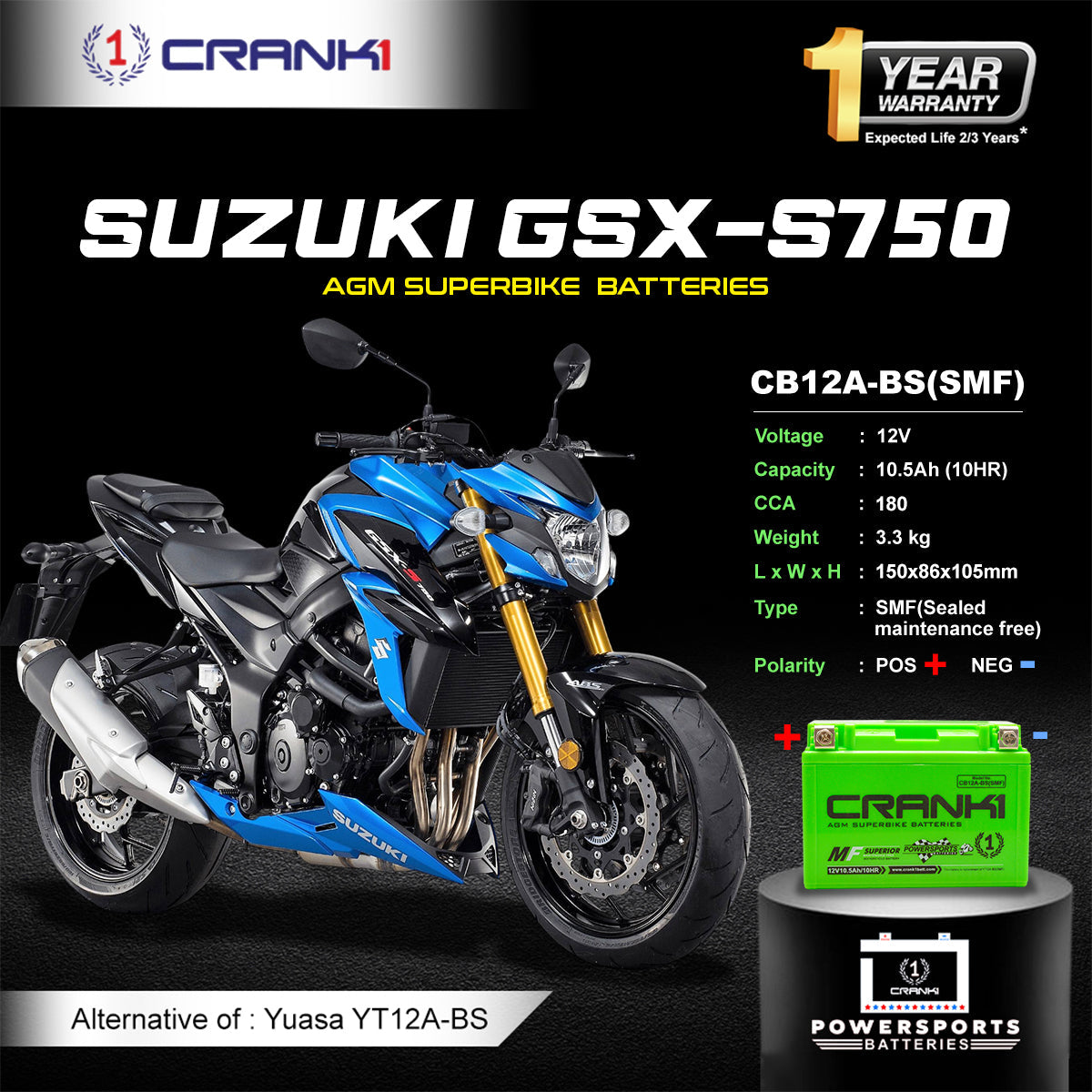 Battery For Suzuki GSX-S750 (2015-2019) - CB12A-BS - Factory Activated - CRANK1