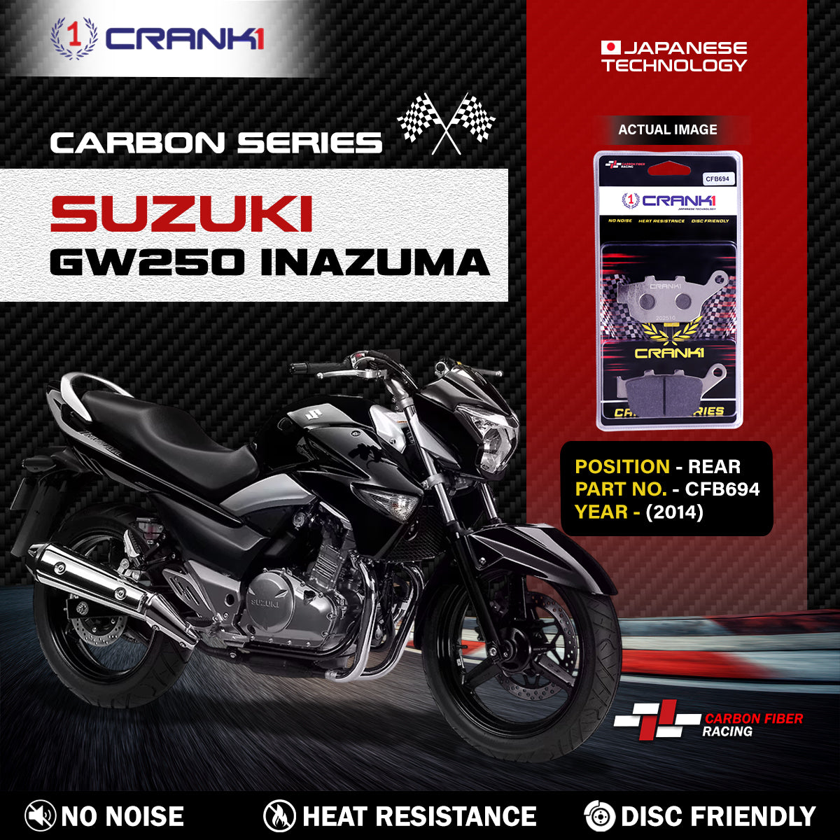 Carbon Brake Pads For Suzuki GW250 Inazuma (2014) - Rear - CFB694 - 1 Set - CRANK1