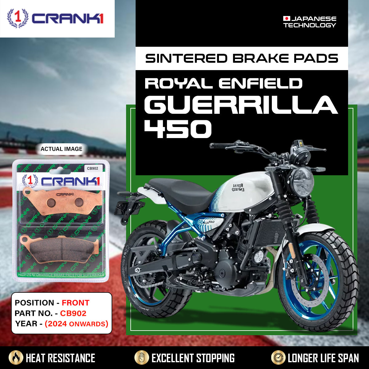 Sintered Brake Pads For Royal Enfield Guerrilla 450 (2024 Onwards) - Front - CB902 - 1 Set - CRANK1