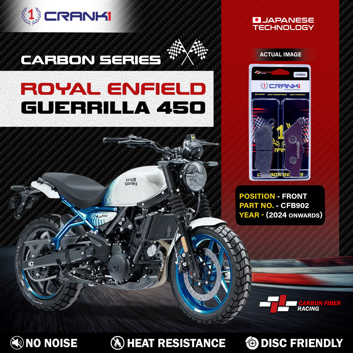 Carbon Brake Pads For Royal Enfield Guerrilla 450 (2024 Onwards) - Front - CFB902 - 1 Set - CRANK1