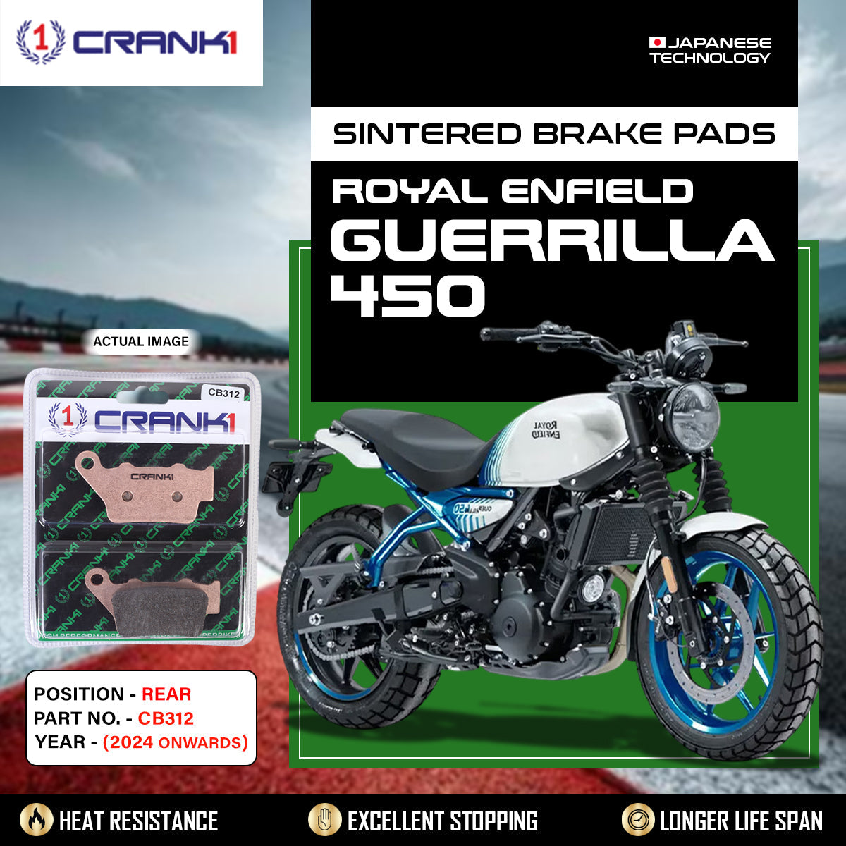 Sintered Brake Pads For Royal Enfield Guerrilla 450 (2024 Onwards) - Rear - CB312 - 1 Set - CRANK1
