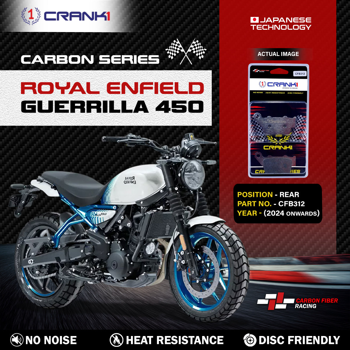 Carbon Brake Pads For Royal Enfield Guerrilla 450 (2024 Onwards) - Rear - CFB312 - 1 Set - CRANK1