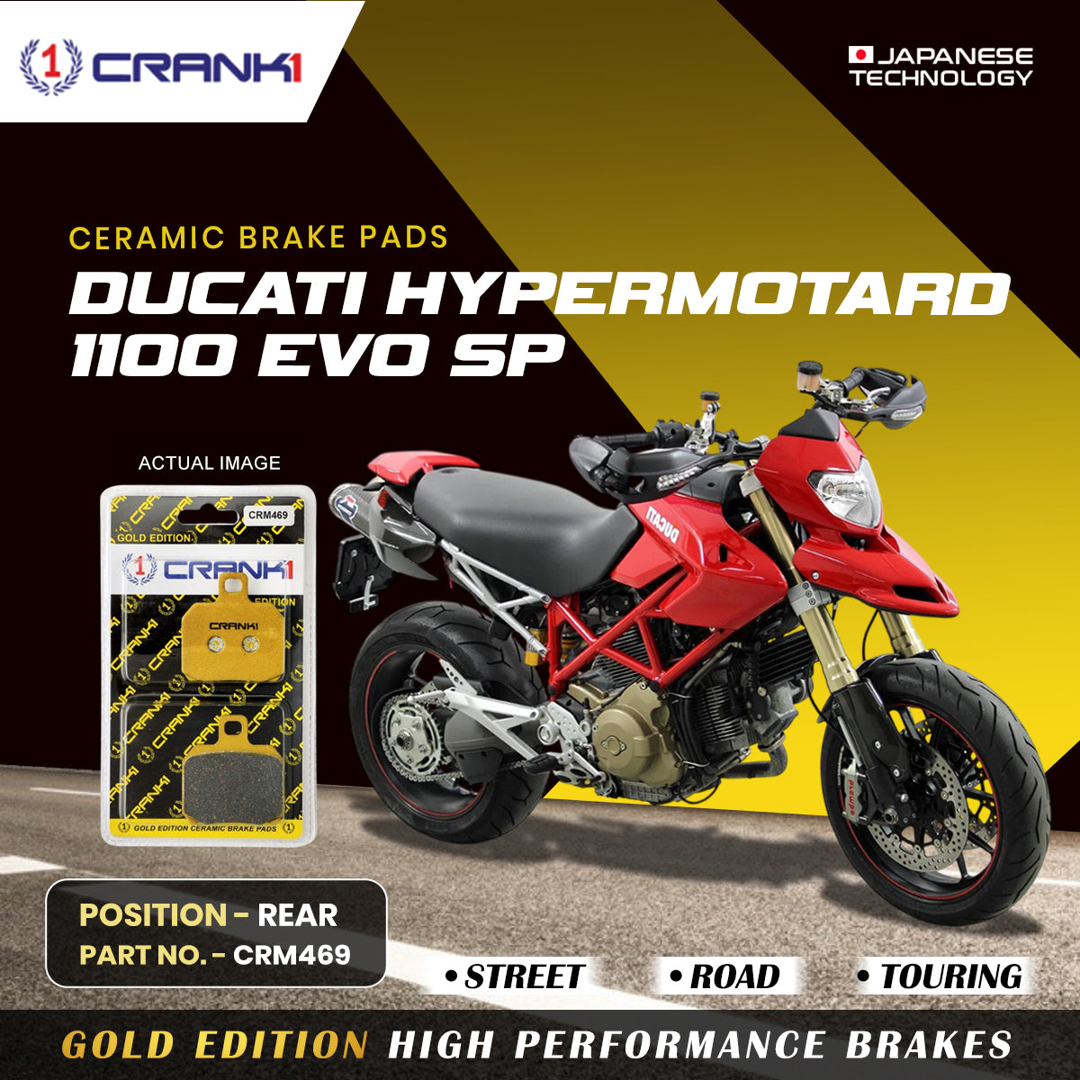 Ceramic Brake Pads For Ducati Hypermotard 1100 EVO SP - Rear - CRM469 - 1 Set - CRANK1