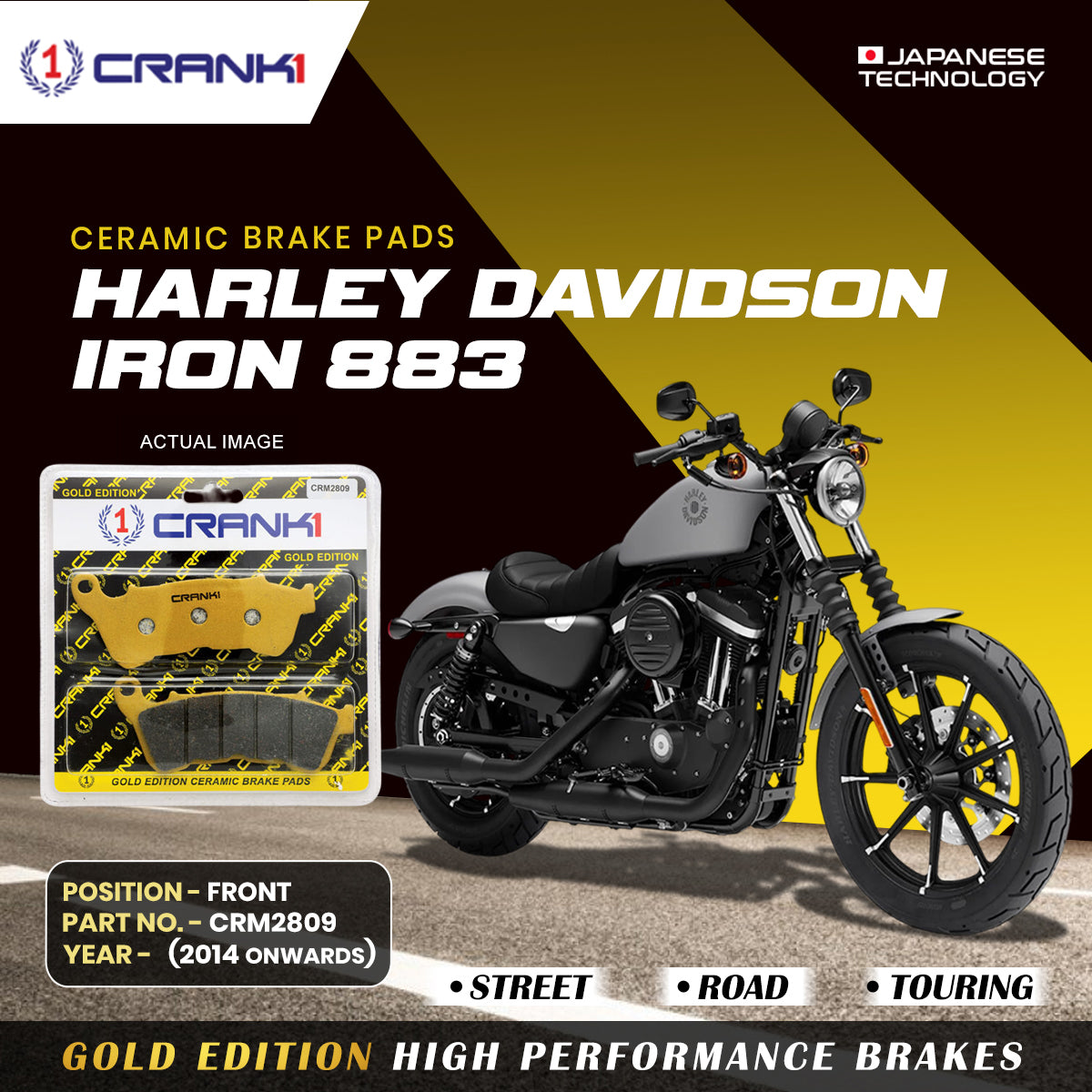 Ceramic Brake Pads For Harley Davidson Sportster Iron 883 (2014 Onwards) - Front - CRM2809 - 1 Set - CRANK1