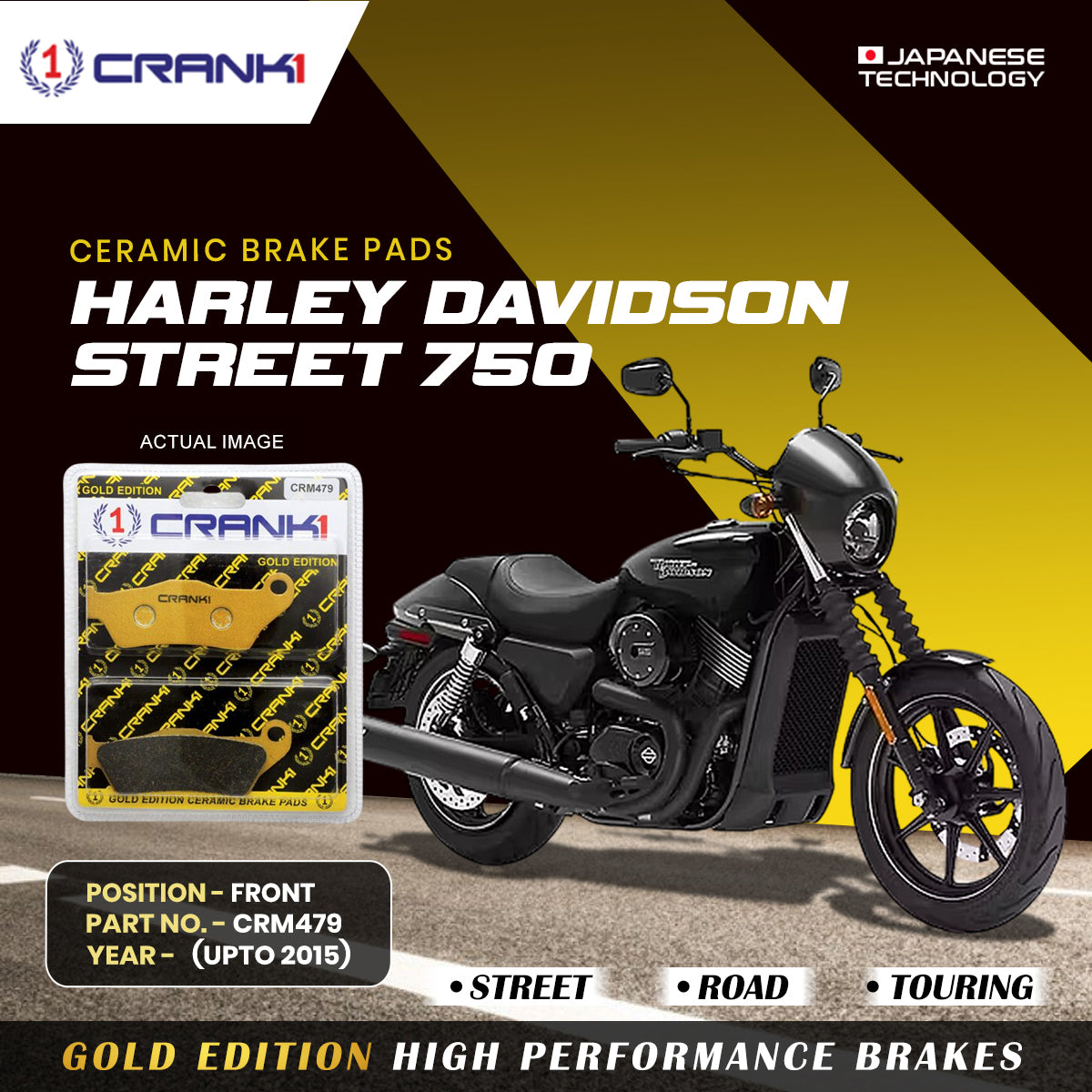 Ceramic Brake Pads For Harley Davidson Street 750 (Upto 2015) - Front - CRM479 - 1 Set - CRANK1
