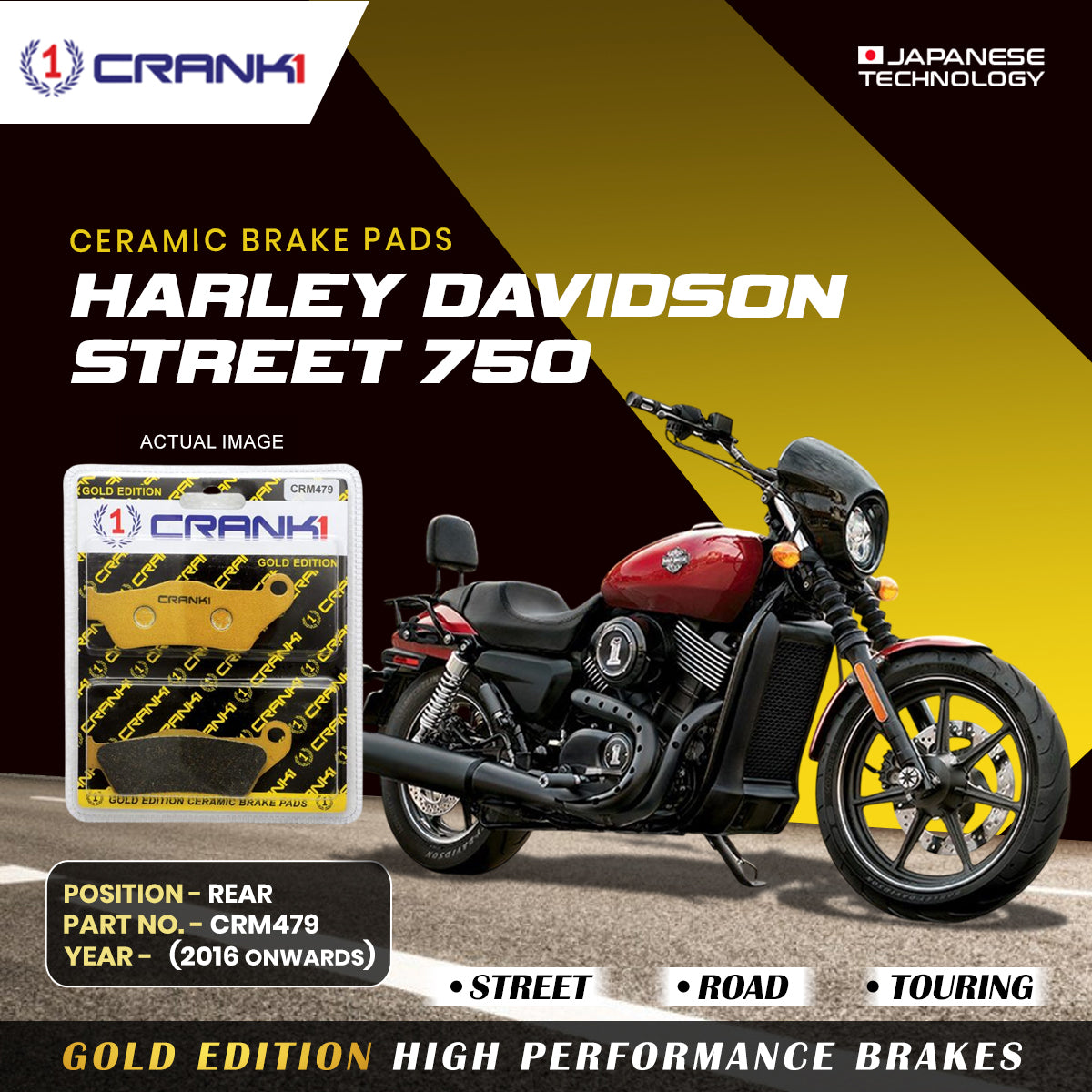 Ceramic Brake Pads For Harley Davidson Street 750 (2016 Onwards) - Rear - CRM479 - 1 Set - CRANK1