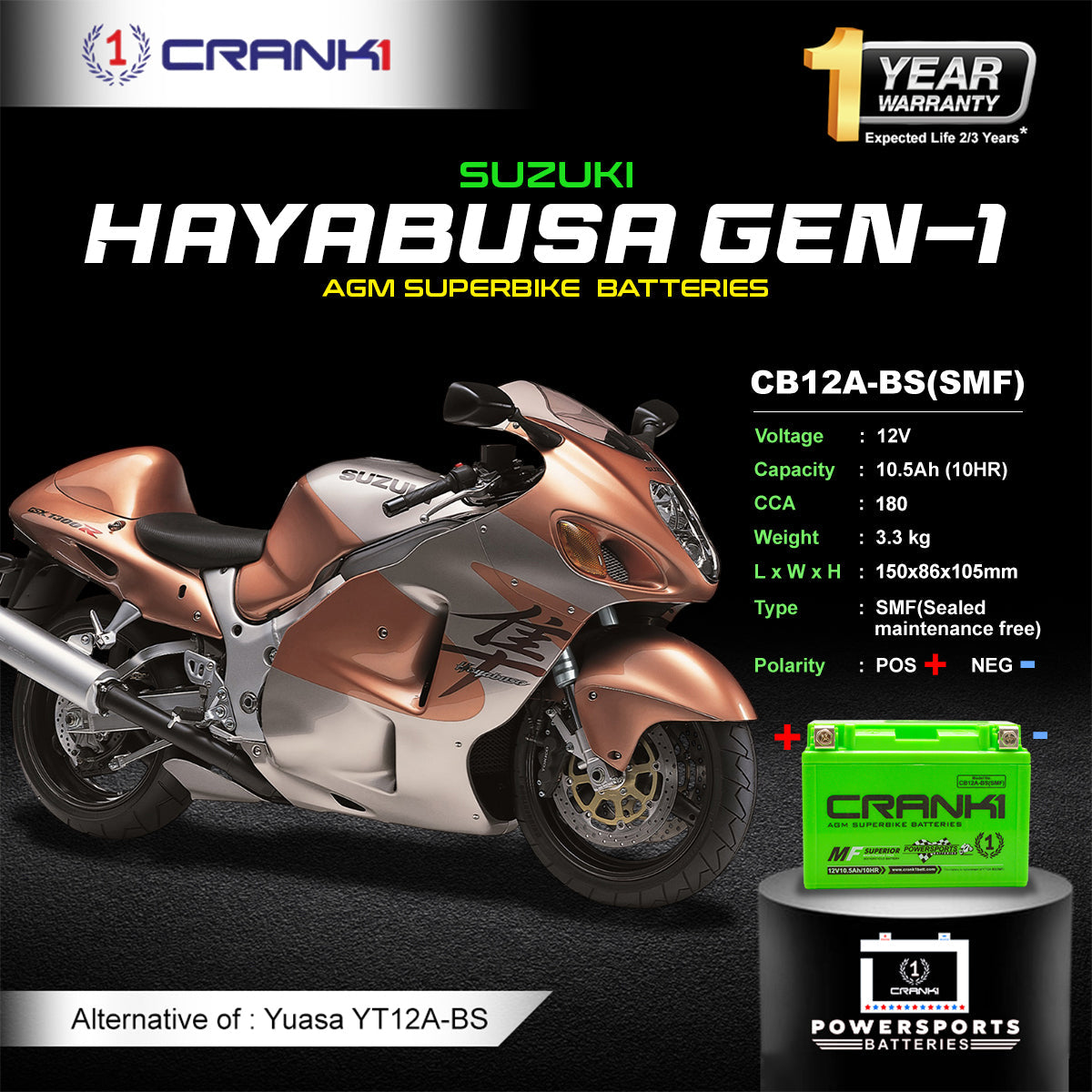 Battery For Suzuki Hayabusa GEN-1 (1999-2007) - CB12A-BS - Factory Activated - CRANK1