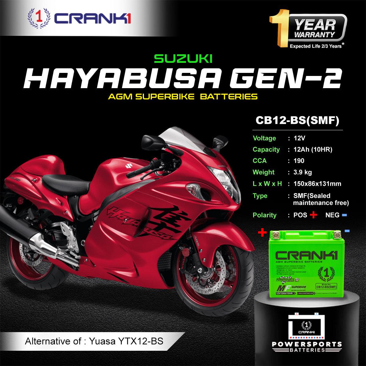 Battery For Suzuki Hayabusa GEN-2 (2008-2020) - CB12-BS - Factory Activated - CRANK1