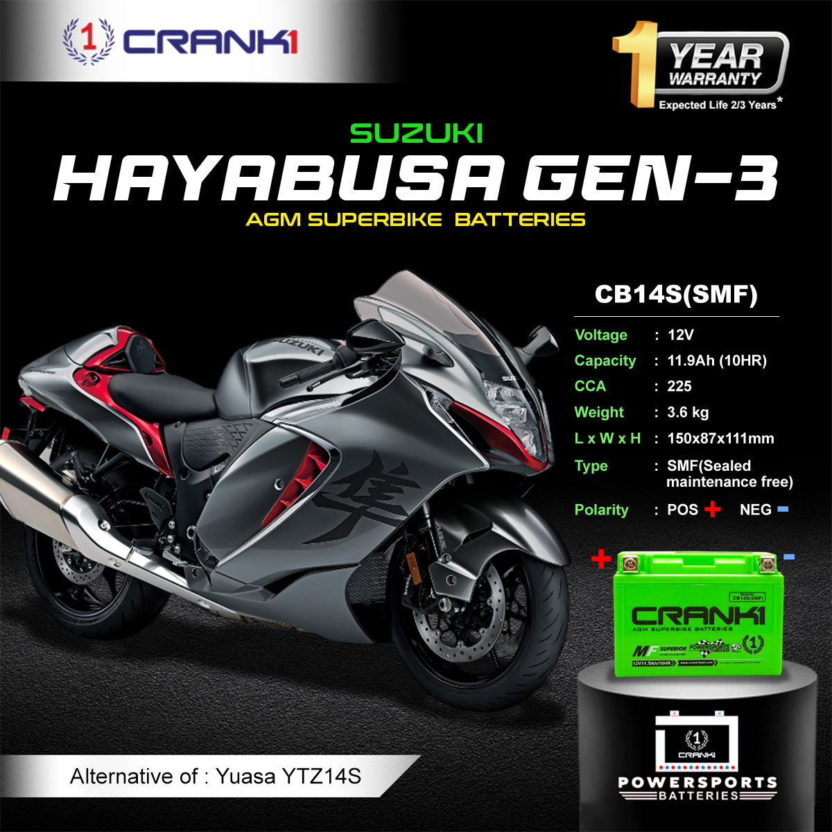 Battery For Suzuki Hayabusa GEN-3 (2021-Present) - CB14S - Factory Activated - CRANK1