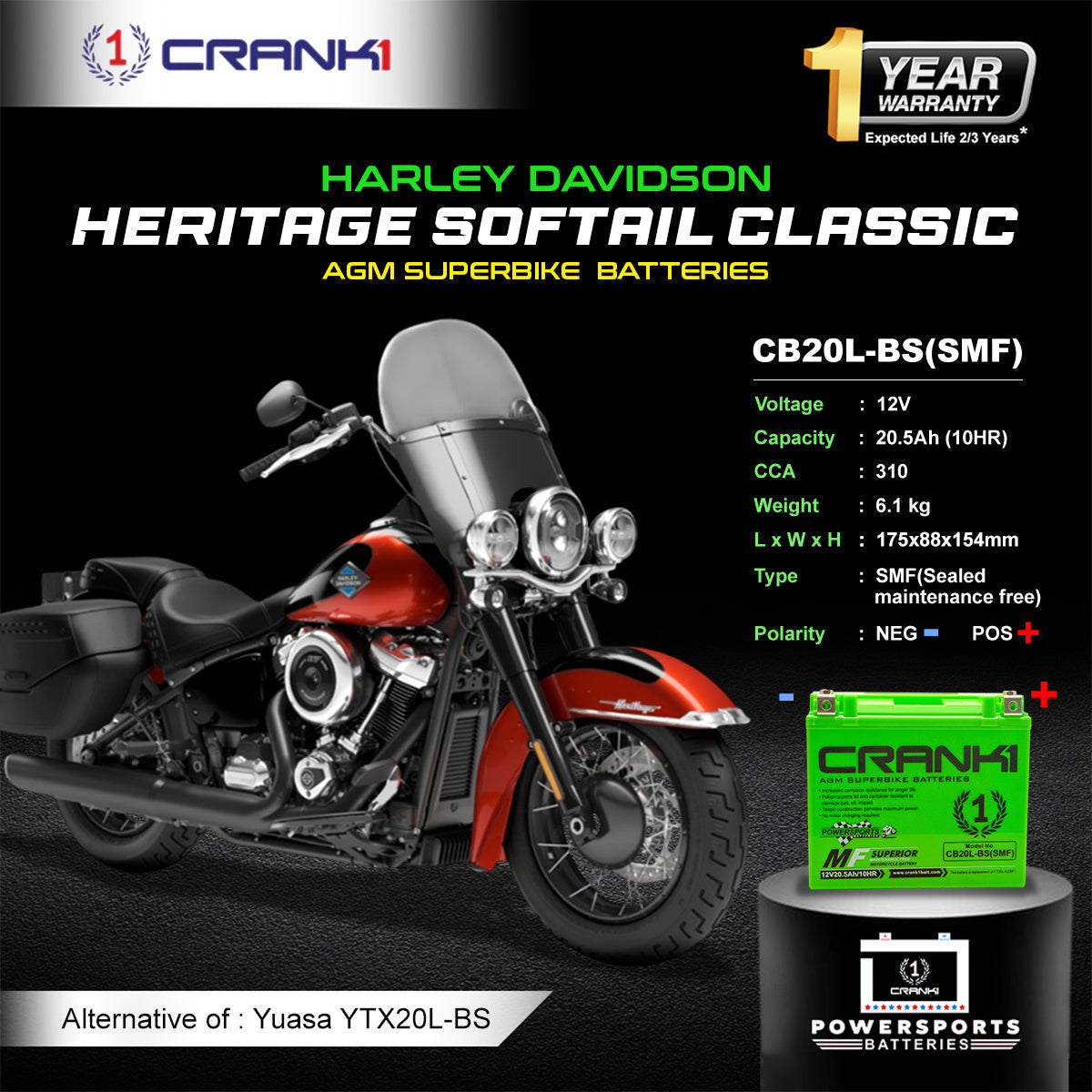Battery For Harley Davidson Heritage Softail Classic (2013-2025) - CB20L-BS - Factory Activated - CRANK1