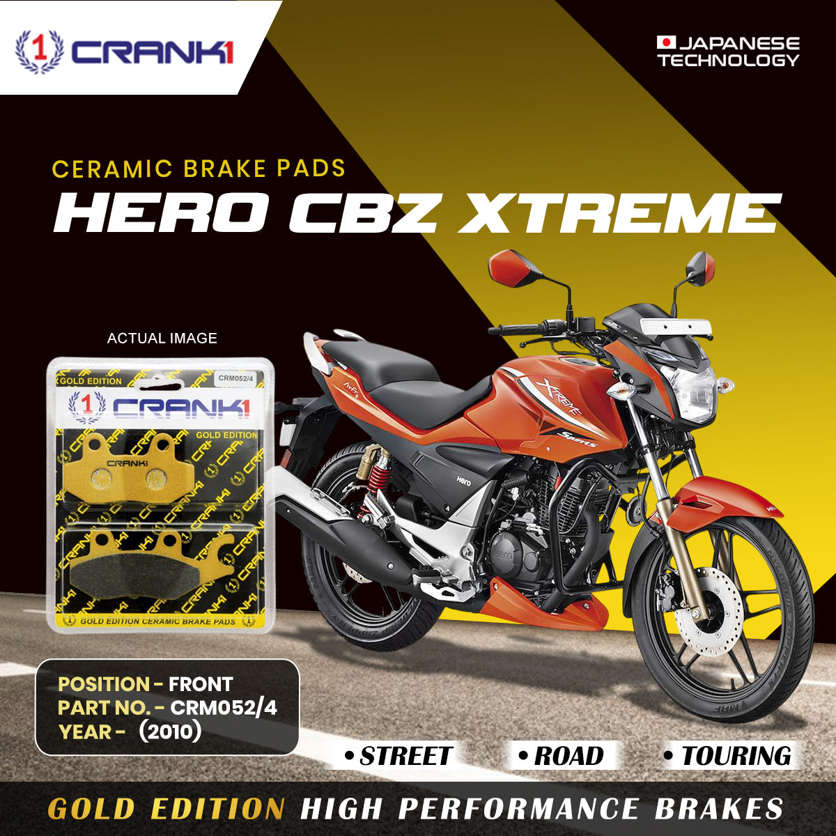 Ceramic Brake Pads For Hero CBZ Xtreme (2010) - Front - CRM052/4 - 1 Set - CRANK1