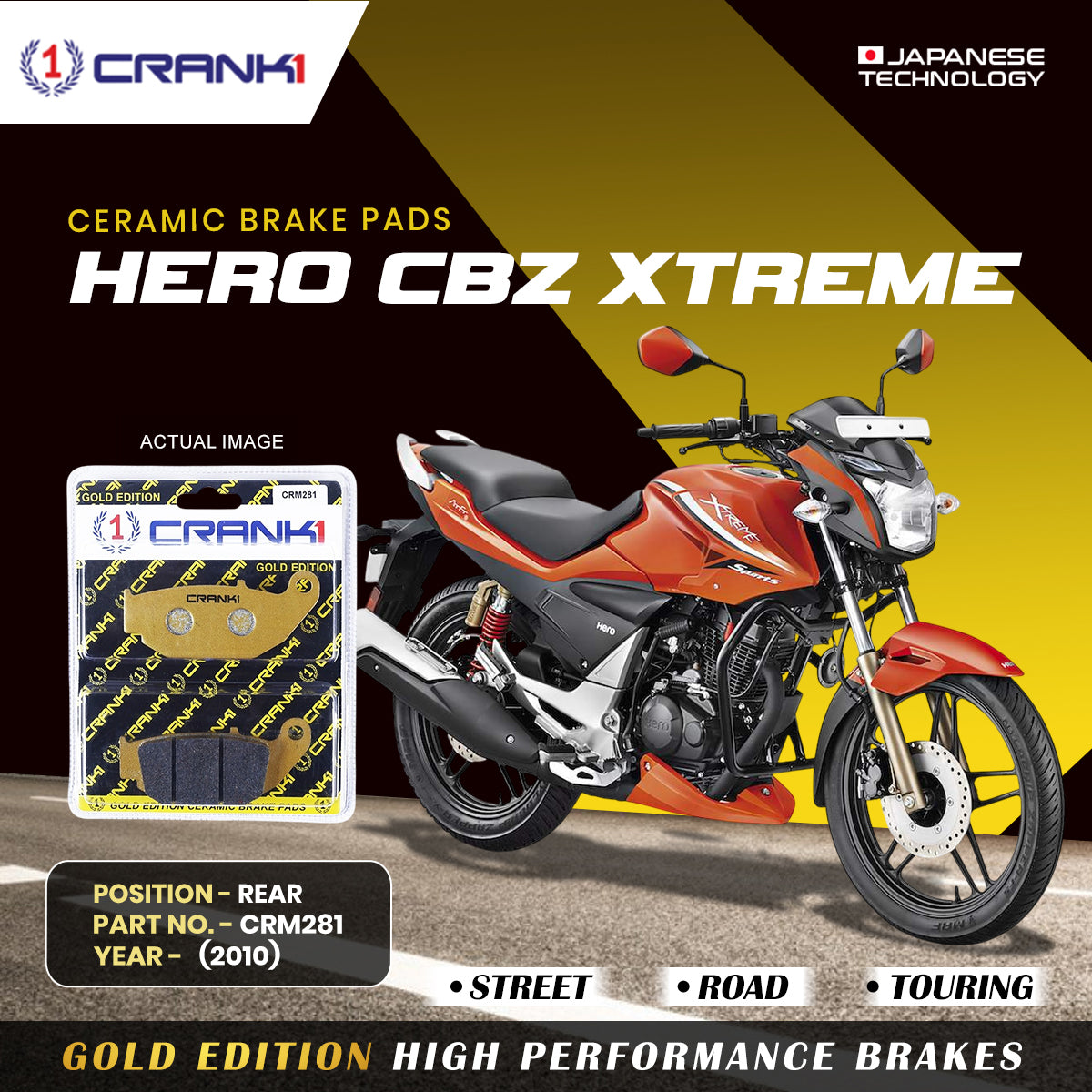 Ceramic Brake Pads For Hero CBZ Xtreme (2010) - Rear - CRM281 - 1 Set - CRANK1