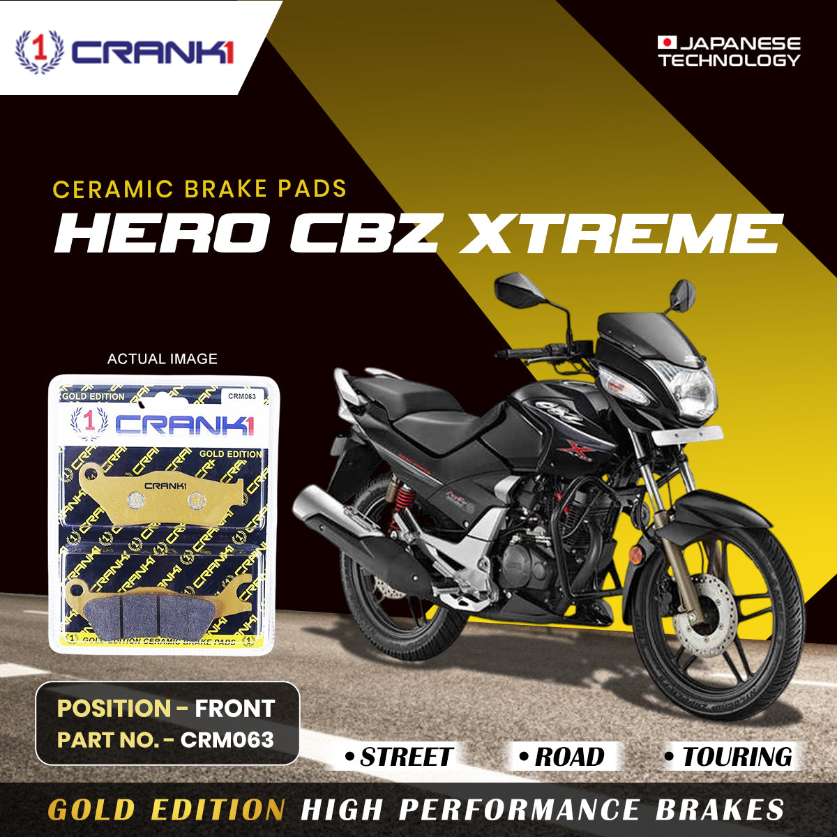 Ceramic Brake Pads For Hero CBZ Xtreme - Front - CRM063 - 1 Set - CRANK1