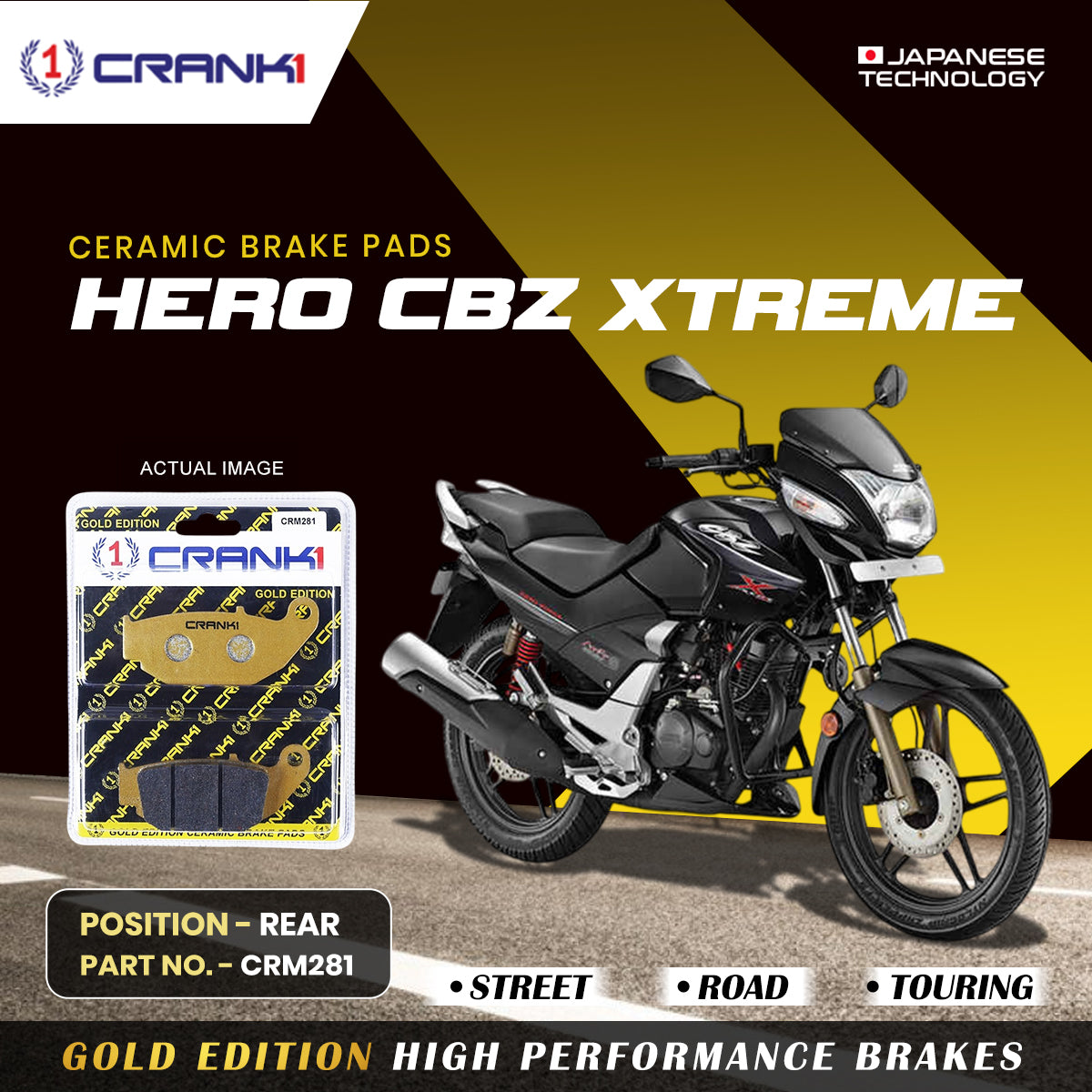 Ceramic Brake Pads For Hero CBZ Xtreme - Rear - CRM281 - 1 Set - CRANK1