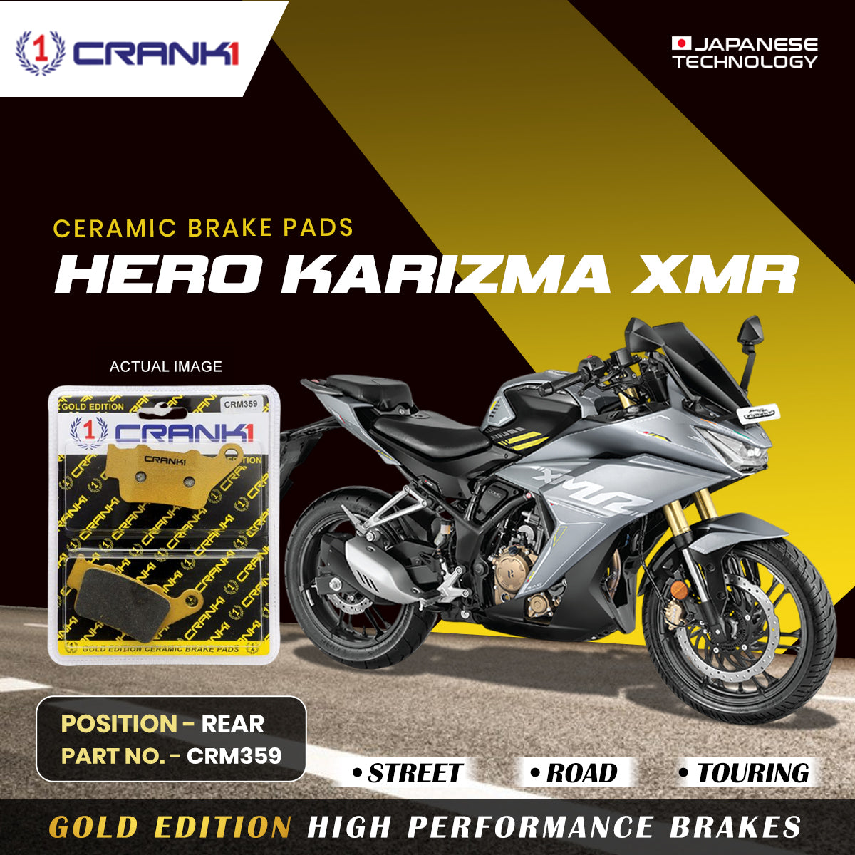 Ceramic Brake Pads For Hero karizma XMR - Rear - CRM359 - 1 Set - CRANK1