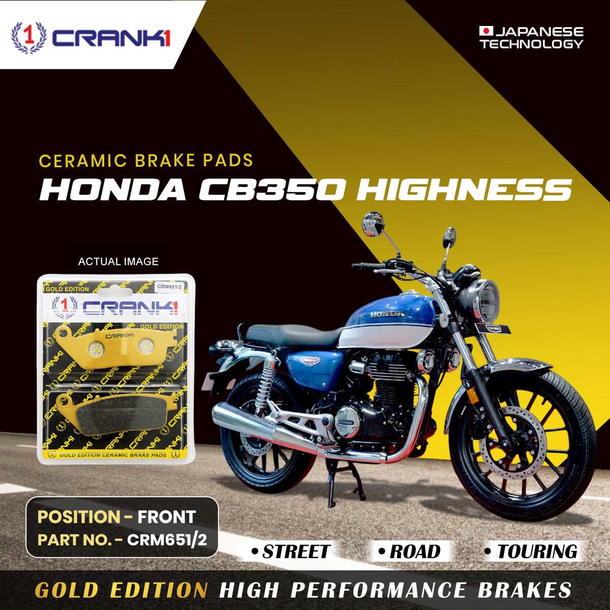 Ceramic Brake Pads For Honda CB350 Highness - Front - CRM651/2 - 1 Set - CRANK1