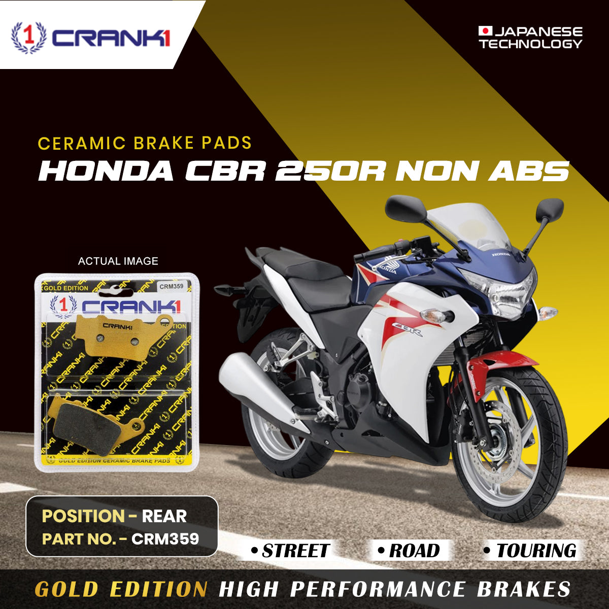 Ceramic Brake Pads For Honda CBR 250R NON ABS - Rear - CRM359 - 1 Set - CRANK1