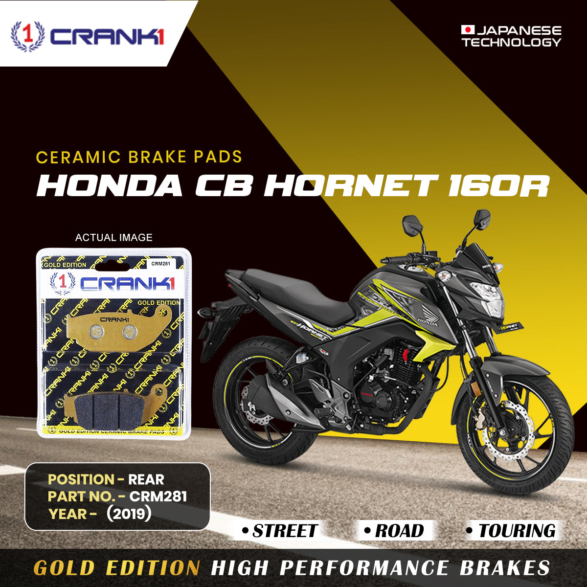 Ceramic Brake Pads For Honda CB Hornet 160R (2019) - Rear - CRM281 - 1 Set - CRANK1