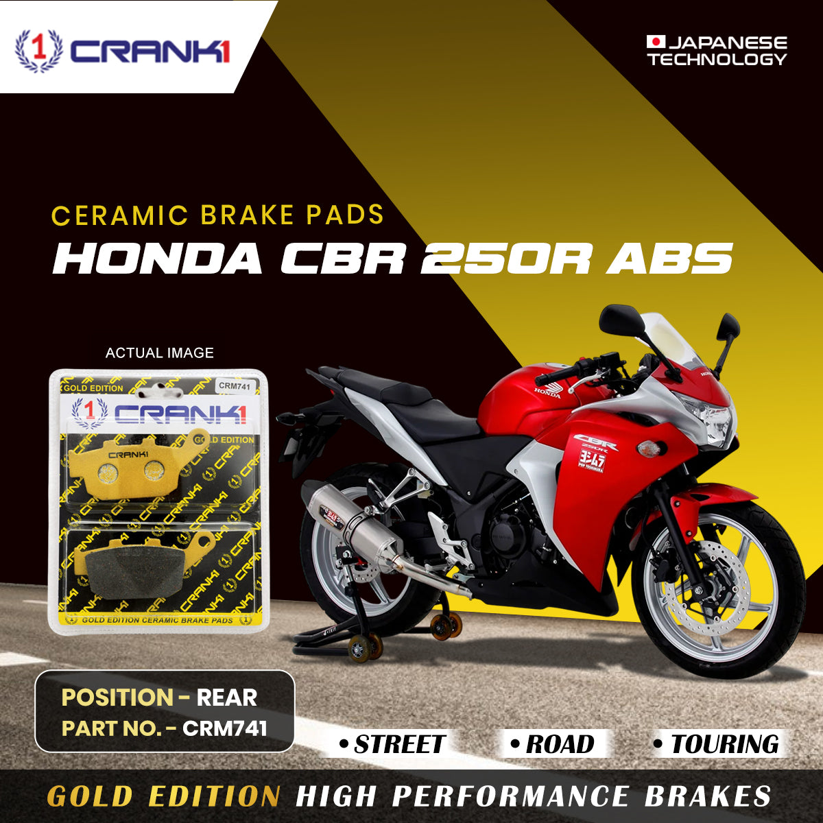 Ceramic Brake Pads For Honda CBR 250R ABS - Rear - CRM741 - 1 Set - CRANK1