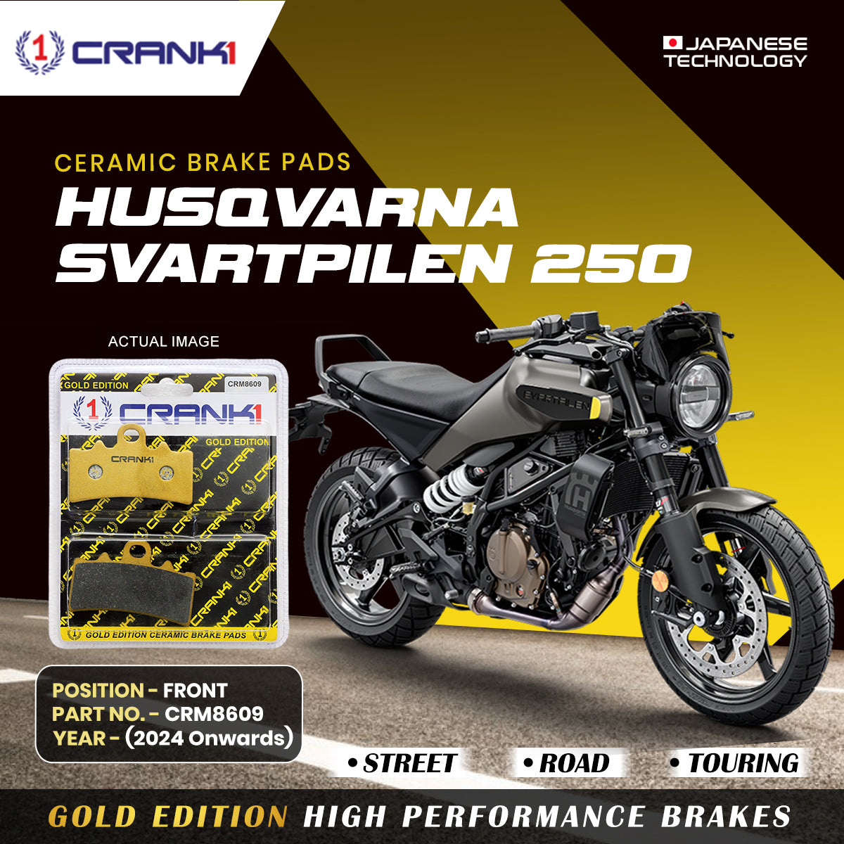 Ceramic Brake Pads For Husqvarna Svartpilen 250 (2024 onwards) - Front - CRM8609 - 1 Set - CRANK1