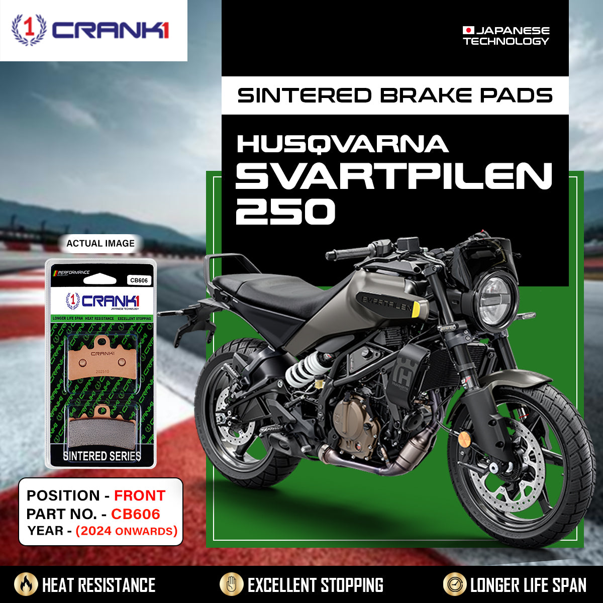 Sintered Brake Pads For Husqvarna Svartpilen 250 (2024 onwards) - Front - CB606 - 1 Set - CRANK1