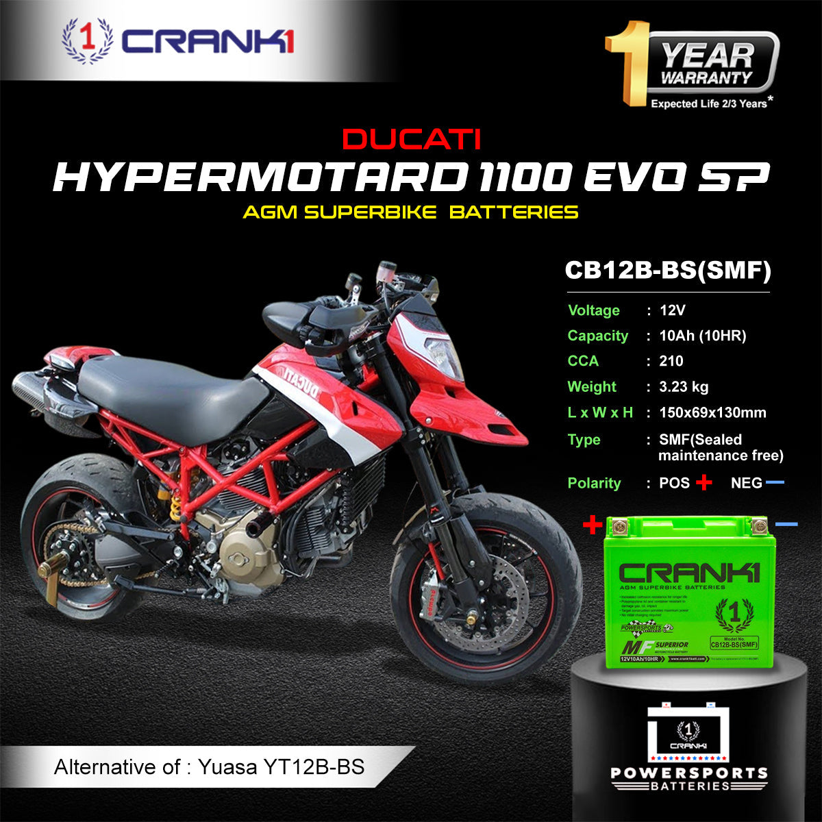 Battery For Ducati Hypermotard 1100 EVO SP (2007-2025) - CB12B-BS - Factory Activated - CRANK1