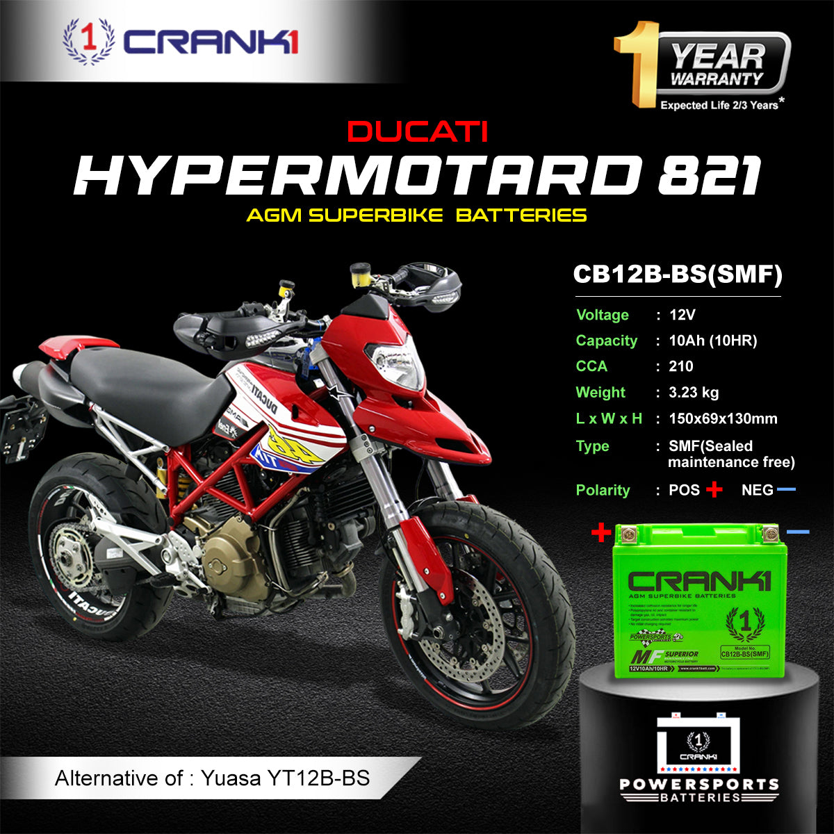 Battery For Ducati Hypermotard 821 (2007-2025) - CB12B-BS - Factory Activated - CRANK1
