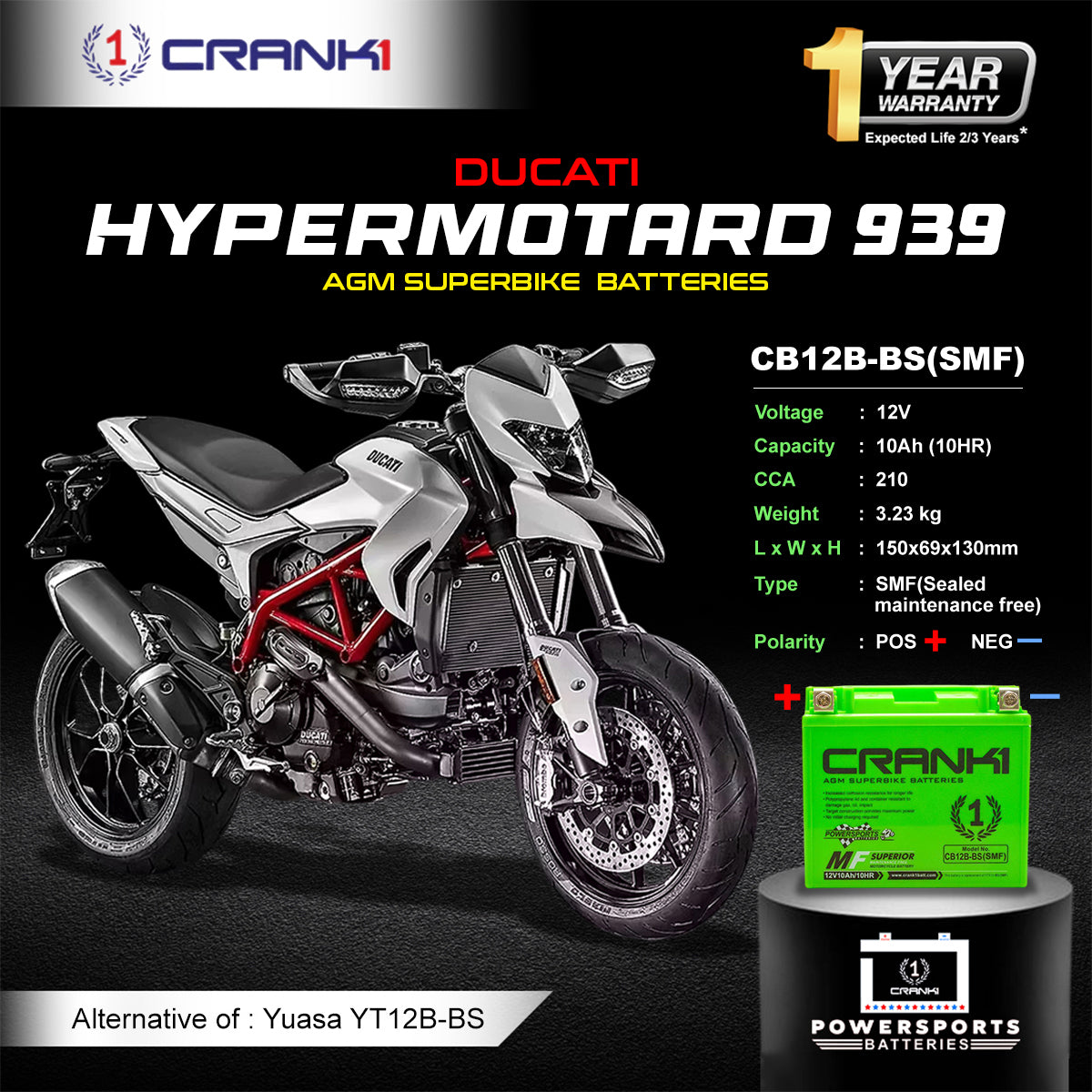 Battery For Ducati Hypermotard 939 (2007-2025) - CB12B-BS - Factory Activated - CRANK1