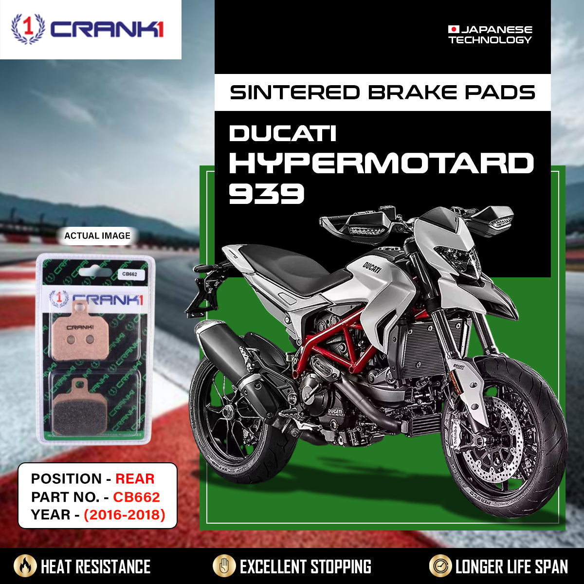 Sintered Brake Pads For Ducati Hypermotard 939 (2016-2018) - Rear - CB662 - 1 Set - CRANK1
