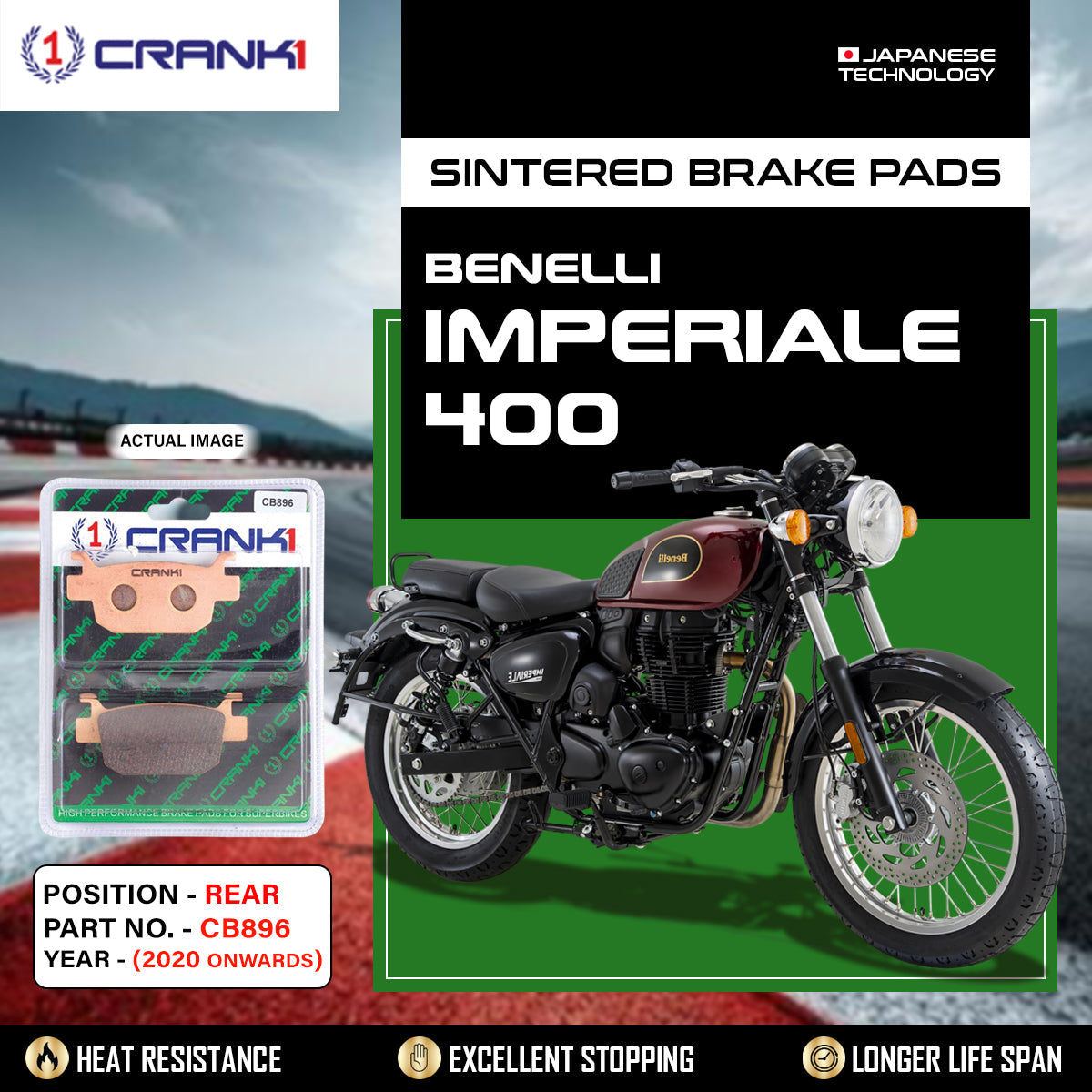 Sintered Brake Pads For Benelli Imperiale 400 (2020 Onwards) - Rear - CB896 - 1 Set - CRANK1